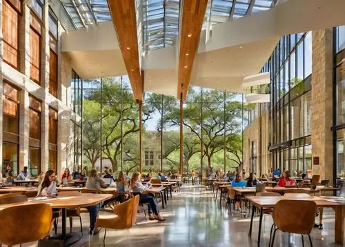 Modern architecture, UT Austin's Perry-Castañeda Library, glass walls, steel frames, grand atrium, natural light pouring in, rows of wooden tables, comfortable chairs, students studying, laptops open,