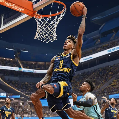 Illustrate a powerful wallpaper capturing Ja Morant dunking over his opponents in a stadium.,nba,slam dunk,ros,dame’s rocket,butler,the game,game illustration,outdoor basketball,basketball,cauderon,ko