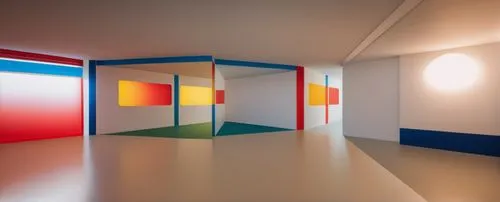 hallway space,color wall,mondrian,wall,klaus rinke's time field,daylighting,panoramical,opaque panes,saturated colors,hallway,rooms,children's room,three primary colors,corridor,art gallery,plexiglass