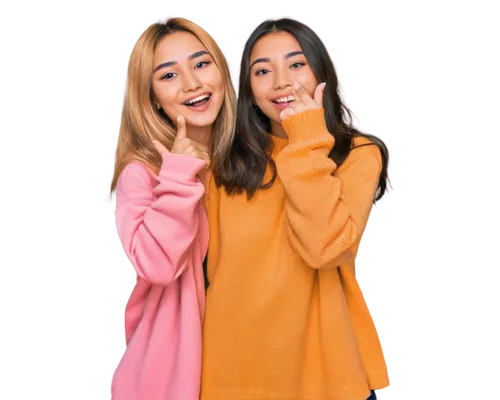 two girls,yellow background,color background,women's clothing,young women,kimjongilia,onesies,long-sleeve,pink background,product photos,portrait background,sisters,women clothes,transparent background,menswear for women,gazelles,long-sleeved t-shirt,coat hangers,sweater,lemon background,Illustration,Japanese style,Japanese Style 14