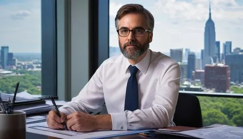 National Council of Architectural Registration Boards (NCARB), professional attire, male architect, 30s, glasses, short brown hair, beard, white shirt, black tie, dark blue suit, sitting, desk, paperw