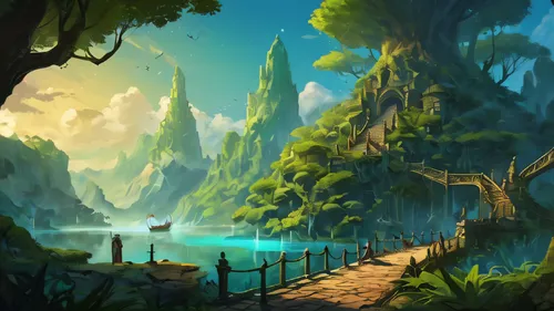 fantasy landscape,druid grove,cartoon video game background,monkey island,forest landscape,forest path,elven forest,landscape background,an island far away landscape,hiking path,the mystical path,fairy forest,forest glade,enchanted forest,world digital painting,pathway,forest background,fantasy picture,ravine,bird kingdom,Conceptual Art,Fantasy,Fantasy 02