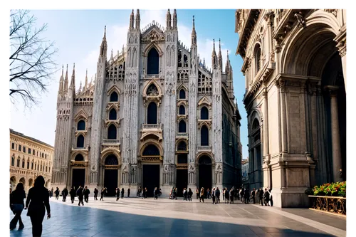 Milan cityscape, Duomo Cathedral, Galleria Vittorio Emanuele II, Italian Renaissance architecture, grandeur, intricate details, ornate decorations, warm afternoon sunlight, soft shadows, 3/4 compositi