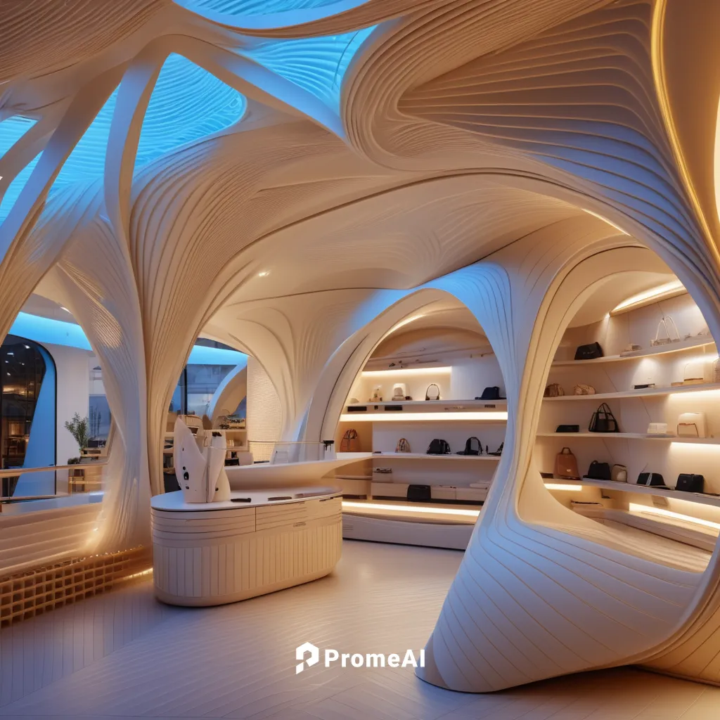 bags store _ organic parametric line _ warm light _ Cacher_ creamy color_ baby blue color   ,ufo interior,futuristic architecture,futuristic art museum,ice hotel,jewelry（architecture）,shoe store,inter