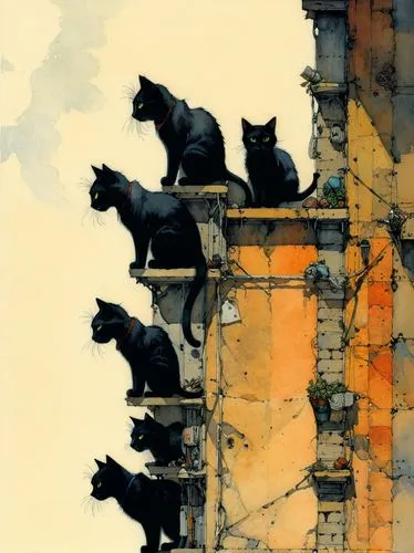 cats on brick wall,vintage cats,gargoyles,watercolor paris balcony,cat frame,cats,cats playing,cat family,cat silhouettes,cats in tree,felines,chimneys,carol colman,cat european,carol m highsmith,janome chow,chinese pastoral cat,stray cats,fire escape,black cat,Illustration,Realistic Fantasy,Realistic Fantasy 06