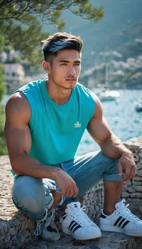 Muscular man, athletic build, short spiky hair, sharp jawline, bright blue eyes, small nose ring, sleeveless shirt, ripped jeans, Adidas sneakers, relaxed posture, leaning against a stone wall, Medite