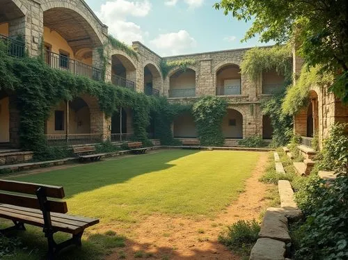 monastery garden,courtyards,alcazar of seville,peterhouse,cloisters,inside courtyard,monastery israel,courtyard,abbaye de belloc,quadrangle,umayyad palace,cloister,michaelhouse,university al-azhar,caravanserais,cortile,maadi,sursock,caravanserai,iisc,Photography,General,Realistic