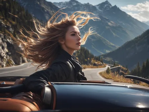 girl and car,alpine drive,girl in car,woman in the car,steep mountain pass,mountain highway,topdown,alpine style,alpine route,elle driver,porsche 356,alfa romeo spider,mountain pass,open road,wind wave,convertible,little girl in wind,witch driving a car,over the alps,alpine,Conceptual Art,Fantasy,Fantasy 11