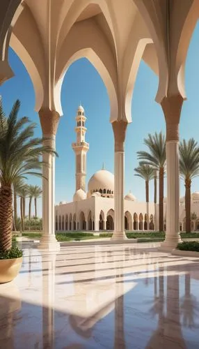 Universities in Dubai, modern Arabic architecture, grand entrance, intricate Islamic patterns, domes, minarets, arches, columns, white marble floors, large glass windows, lush greenery, palm trees, de