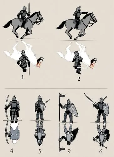 Miniature of fantasy warrior soldier and mounted knight,a page with some diagrams for a game,fighting poses,shinkawa,character animation,turnarounds,mechs,vector images,stand models,armors,ludens,male