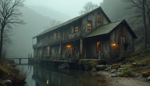 the cabin in the mountains,house in mountains,house in the mountains,house with lake,wooden house,fisherman's house,log home,lonely house,house in the forest,wooden houses,log cabin,foggy landscape,house by the water,water mill,cottage,creepy house,boathouse,boat house,boathouses,small cabin,Photography,General,Realistic