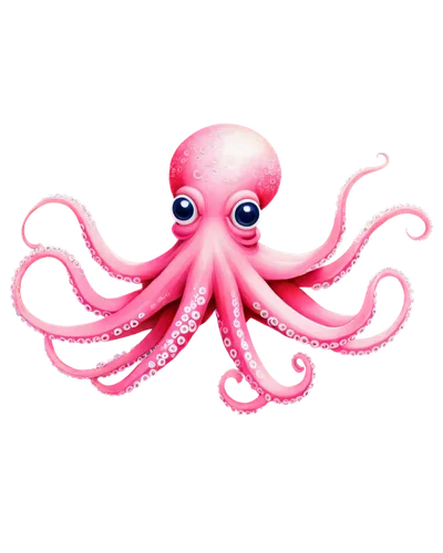 Octopus, underwater scene, solo, soft pink skin, eight arms, suckers, big round eyes, curly tentacles, coral reef background, shallow water, sunlight filtering through waves, 3/4 composition, vibrant 