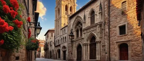 Toledo style architecture, medieval town, narrow cobblestone streets, ornate Gothic cathedral, intricate stone carvings, stained glass windows, grand bell tower, red-tiled roofs, white-washed walls, a