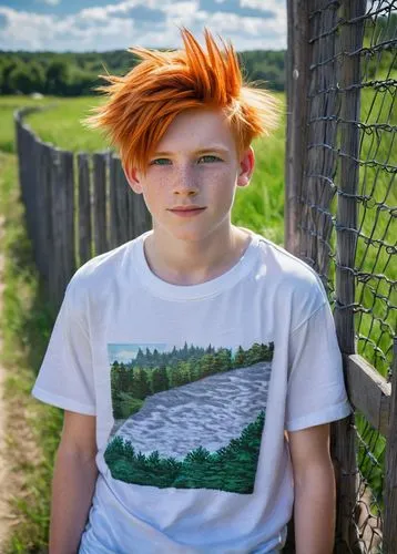 Orange-haired lad, energetic boy, 12-14 years old, vibrant orange spiky hair, bright blue eyes, fair skin, freckles on nose, casual wear, white graphic t-shirt, ripped denim shorts, black sneakers, le