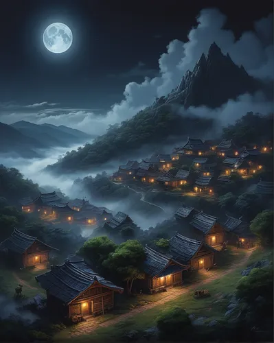 korean folk village,mountain village,moonlit night,night scene,japan landscape,mountain settlement,fantasy landscape,japan's three great night views,mid-autumn festival,world digital painting,mountain huts,moonlit,fantasy picture,japanese mountains,landscape background,tsukemono,alpine village,south korea,lunar landscape,mountainous landscape,Conceptual Art,Fantasy,Fantasy 13