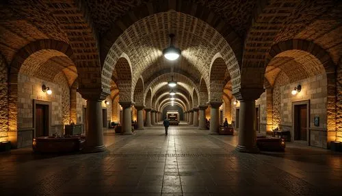 Grand underground metro station, Romanesque style architecture, ornate stonework, rusticated masonry, rounded arches, barrel vaults, groin vaults, thick stone walls, heavy pillars, decorative capitals