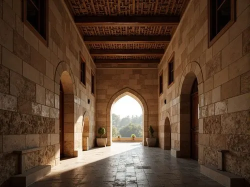 Ancient Romanesque arches, ornate carvings, rustic stone walls, grand entranceways, symmetrical compositions, dramatic lighting effects, warm earthy tones, natural textures, intricate moldings, classi