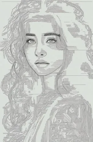 简约主义，简约线条，线条艺术,a drawing of a young woman with curly hair and eyes,wipp,underdrawing,dooling,wipo,scribbly,krita,Illustration,Black and White,Black and White 06