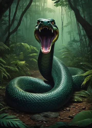 venomous snake,african house snake,grass snake,serpent,pointed snake,green snake,anaconda,green mamba,emperor snake,rat snake,kingsnake,king cobra,tree snake,rattlesnake,black snake,thunder snake,boa constrictor,snake,venomous,green tree snake,Illustration,Realistic Fantasy,Realistic Fantasy 44