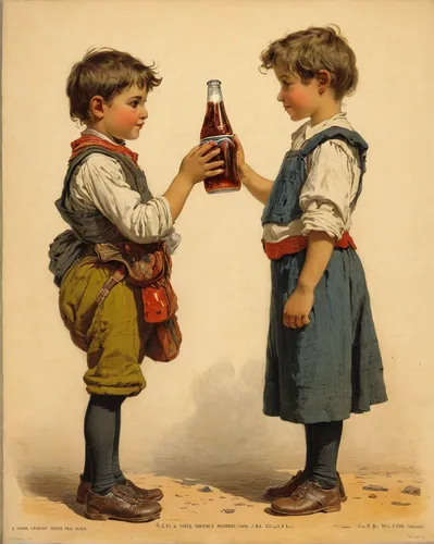 Two kids sharing one soda,two-liter bottle,young wine,beer bottles,the coca-cola company,a bottle of wine,beer bottle,the bottle,bottles,newcastle brown ale,apéritif,glass bottle,vintage children,bott