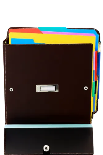 Folder, A4 size, brown leather, metal clasps, worn edges, smooth surface, opened, documents inside, messy papers, colorful tabs, morning sunlight, soft focus, shallow depth of field, warm color tone.,