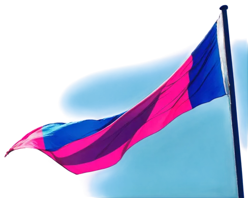 Bisexual flag, colorful, waving, flowing in wind, detailed texture, shiny material, metallic pole, sunny day, clear blue sky, close-up shot, shallow depth of field, vibrant color tone, high contrast l