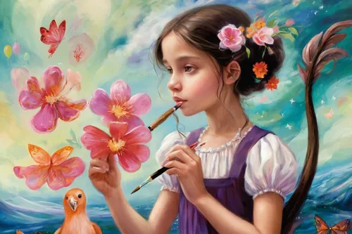 girl picking flowers,girl in flowers,flower painting,little girl fairy,mystical portrait of a girl,flower fairy,girl in the garden,little girl in wind,children's background,child fairy,young girl,girl with tree,fairy tale character,rosa 'the fairy,rosa ' the fairy,girl picking apples,art painting,children's fairy tale,flower and bird illustration,flower girl,Illustration,Realistic Fantasy,Realistic Fantasy 37