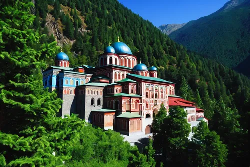 Describe the serene beauty of Rila Monastery in a peaceful setting.,rila monastery,prislop monastery,putna monastery,monastery,sihastria monastery putnei,altai,romanian orthodox,sinaia,borjomi,romania