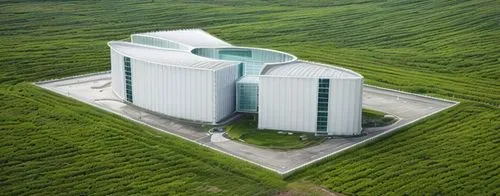 expo building, green landscape. frosted windows. white concrete roof.  water future,silo,rotary elevator,cooling tower,grain plant,agricultural engineering,thermal power plant,bangladesh,eco hotel,jui