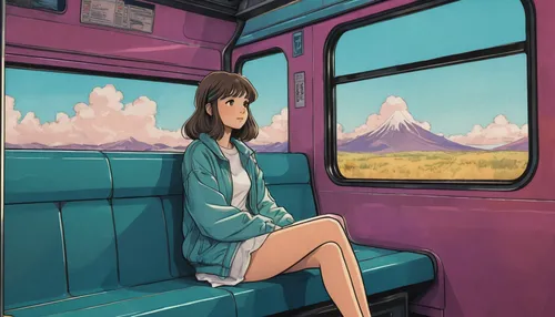 train ride,studio ghibli,the girl at the station,train,last train,cablecar,bus,train of thought,early train,train way,sky train,in transit,transit,train compartment,travelling,traveling,scenery,girl sitting,long-distance train,railway carriage,Illustration,Japanese style,Japanese Style 07