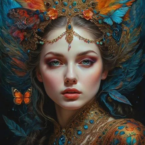 fantasy portrait,faery,faerie,fantasy art,mystical portrait of a girl,fairy peacock,fairy queen,baroque angel,monarch,vanessa (butterfly),blue enchantress,ulysses butterfly,fantasy woman,flower fairy,headdress,the enchantress,gatekeeper (butterfly),masquerade,boho art,fantasy picture,Photography,General,Fantasy