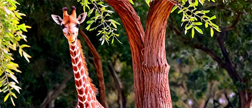 Giraffe, standing, solo, African savanna, sunny day, long neck, brown fur, white patches, big eyes, eyelashes, smiling face, ears flapping, eating leaves, acacia tree branches, warm light, shallow dep