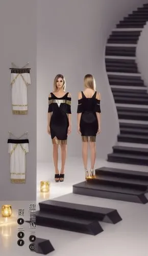 a po of two women in dresses on a staircase,escaleras,dior,ferragamo,fashiontv,escalator,piano,Photography,General,Realistic