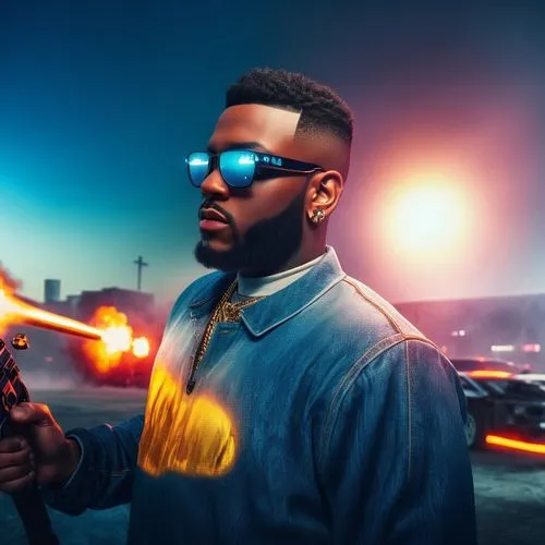 rapper war fire guns,a man with sunglasses holding a guitar in the sun,gta,gangstar,man holding gun and light,kdot,markus,abel,Photography,General,Realistic