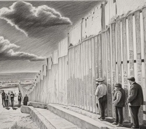 Dibujo a lápiz del muro fronterizo que separa a Estados Unidos de México, en Tijuana,construction of the wall,wailing wall,floodwall,majdanek,willink,persepolis,western wall,berlin wall,floodwalls,ice