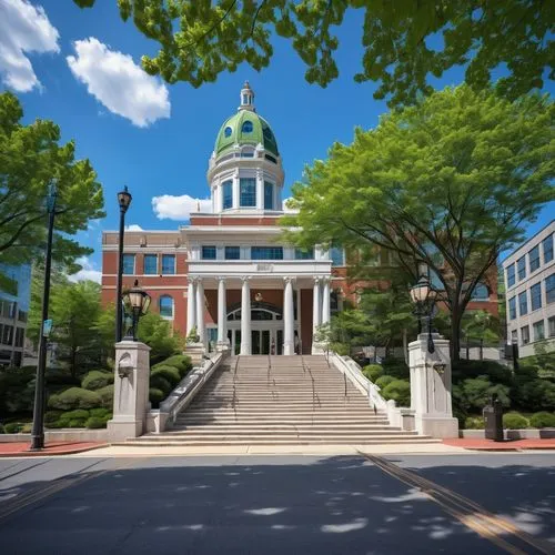 Rockville Maryland, architectural building, ceramic decorations, white pillars, grand entrance, stairs, marble floor, glass windows, modern skyscraper, urban cityscape, daytime, sunny weather, blue sk