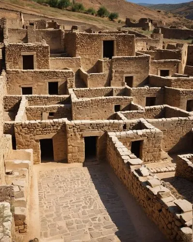 Ancient Catal Huyuk architecture, Anatolia, Turkey, 7th century BC, mud-brick houses, narrow streets, fortifications, city walls, watchtowers, stone foundations, wooden roofs, ceramic pottery, intrica