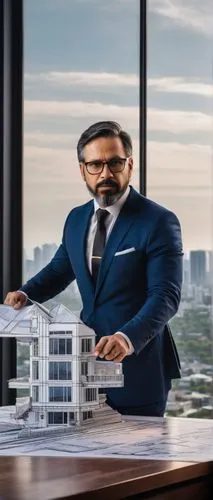 Middle-aged chief architect, male, standing, confident posture, glasses, short black hair, beard, white shirt, black tie, dark blue suit, holding a blueprint, pointing at a building model, in front of