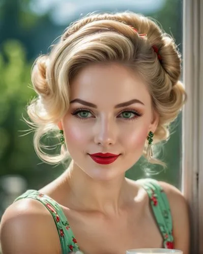 Create photorealistic a closeup portrait of a glamorous, happy young adult chibi girl with blonde coiffure chignon hairstyle, porcelain skin, sultry red full lips, cat-eye liner, green/hazel eyes, lon