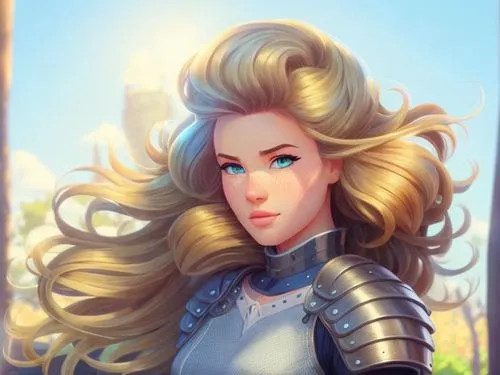 a beautiful blond woman dressed in armor stands outside,rafaela,diana,leona,glorfindel,marin,gwenllian,Common,Common,Cartoon