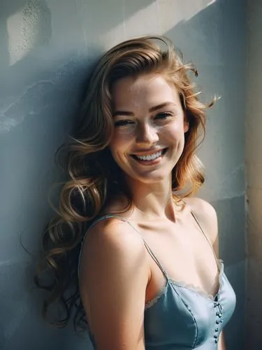 a smiling woman with long hair and freckles standing in front of a wall,woman standing in front of a wall posing for the camera,palicki,colbie,rosamund,margairaz,gena rolands-hollywood,sonrisa,Photogr