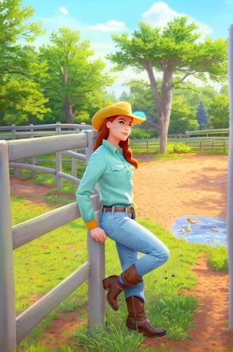 a young woman poses for a po leaning on a fence,countrygirl,countrywoman,joanne,cowgirl,countrywomen,country,Common,Common,Cartoon