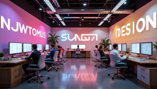 Vibrant design studio, modern computer screens, sleek ergonomic chairs, minimalist desks, creative brainstorming sessions, bold typography, bright accent walls, harmonious color schemes, pastel hues, 