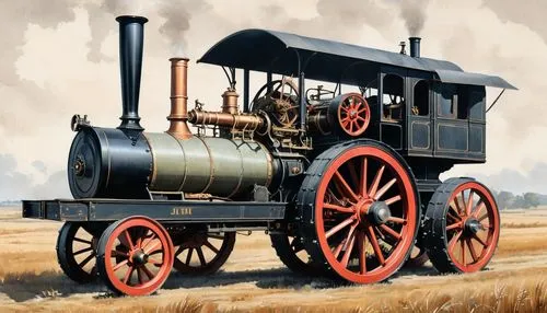 A fascinating minimalist primitive painting embodying the spirit of regionalism, depicting a side view of an antique "JI CASE" STEAM AGRICULTURAL TRACTION ENGINE. It has 4 red iron wheels, without tir