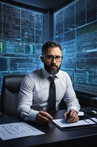 Cybersecurity expert, mature man, (40yo), serious facial expression, glasses, short black hair, beard, white shirt, black tie, formal trousers, sitting, office desk, multiple monitors, keyboard, mouse