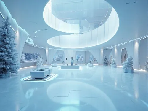 futuristic art museum,sky space concept,snowhotel,north pole,futuristic landscape,white room,christmas mock up,renderings,jotunheim,3d rendering,snohetta,baselworld,ice planet,futuristic architecture,rovaniemi,winterplace,ski facility,winter wonderland,christmas landscape,snow ring,Photography,General,Realistic