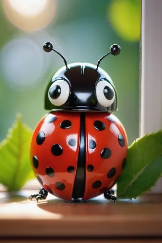 Ladybug themed booty, shiny red and black polka dot pattern, plump rounded shape, cute tiny face with big eyes, white wings attached to back, green leaf decorations, natural wood floor, warm sunlight 