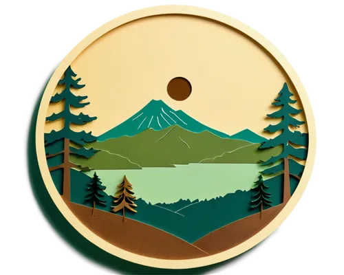 State park logo, circular shape, green and brown colors, stylized letter "S", pine tree silhouette, mountain range outline, subtle gradient effect, metallic finish, 3D embossing, golden border, center