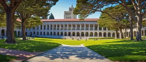 University of California Berkeley, landscape architecture, sunny afternoon, warm light, green grass, tall trees, blooming flowers, winding paths, stone benches, modern buildings, glass facades, curved