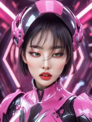 a Japanese girl model with futuristic look, eyes looking at viewer, glossy props, pinky make-up, collarbone, vivid color, hi-tech designed props for helmet, realistic lips and eyes, realistic, half bo